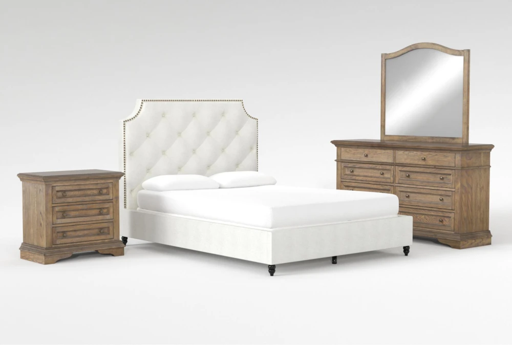Sophia II California King Upholstered Panel 4 Piece Bedroom Set With Chapman Dresser, Mirror + 3-Drawer Nightstand