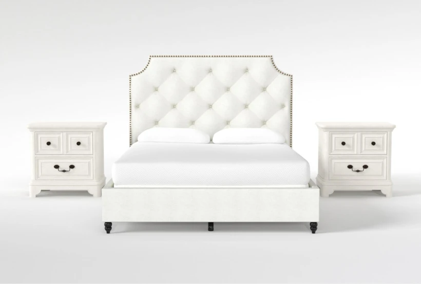 Sophia White II California King Upholstered Panel 3 Piece Bedroom Set With 2 Kincaid White 2-Drawer Nightstands - 360