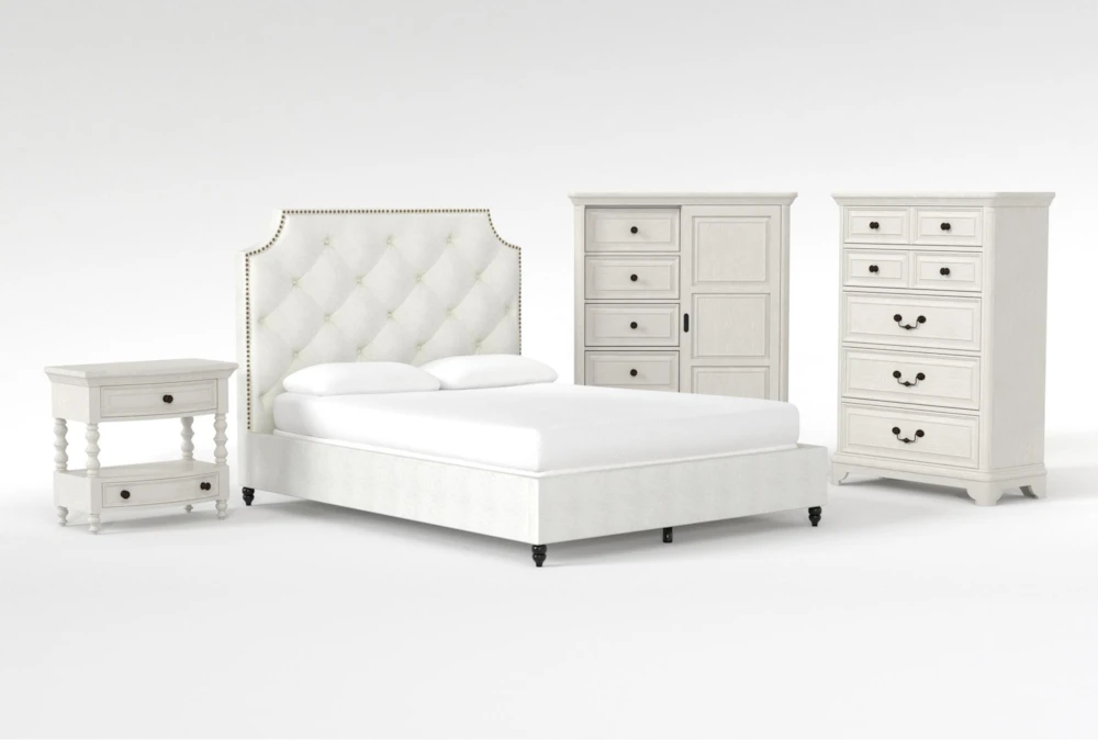 Sophia II California King Upholstered Panel 4 Piece Bedroom Set With Kincaid Chest Of Drawers, Wardrobe + Open Nightstand