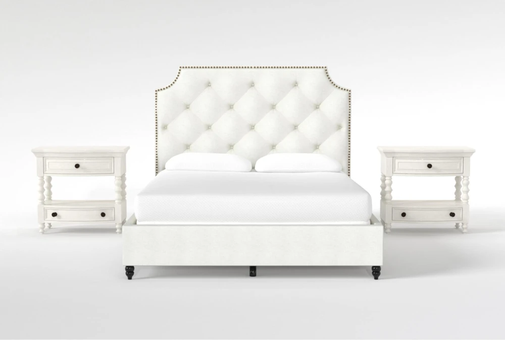 Sophia White II California King Upholstered Panel 3 Piece Bedroom Set With 2 Kincaid White Open Nightstands