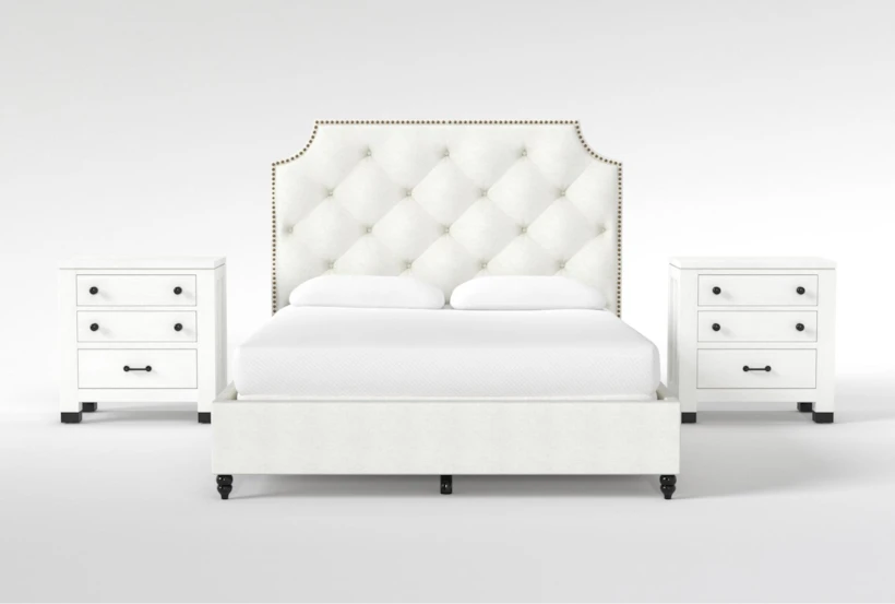 Sophia White II California King Upholstered Panel 3 Piece Bedroom Set With 2 Wade White Nightstands - 360