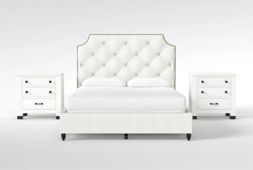 Sophia White II California King Upholstered Panel 3 Piece Bedroom Set With 2 Wade White Nightstands