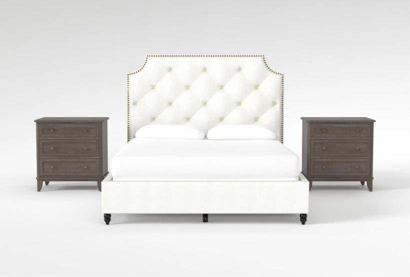 Sophia II King Upholstered Panel 3 Piece Bedroom Set With 2 Candice II 3-Drawer Nightstands - 360