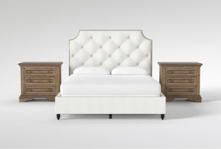 Sophia II 3 Piece Eastern King Upholstered Panel Bedroom Set With 2 Chapman 3-Drawer Nightstands
