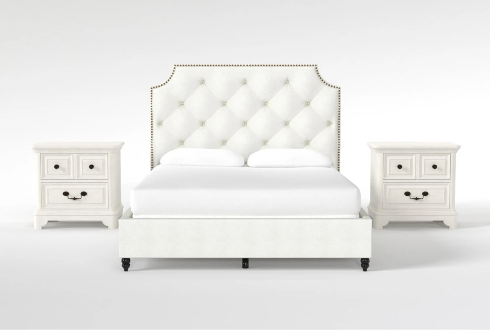 Sophia White II King Upholstered Panel 3 Piece Bedroom Set With 2 Kincaid White 2-Drawer Nightstands