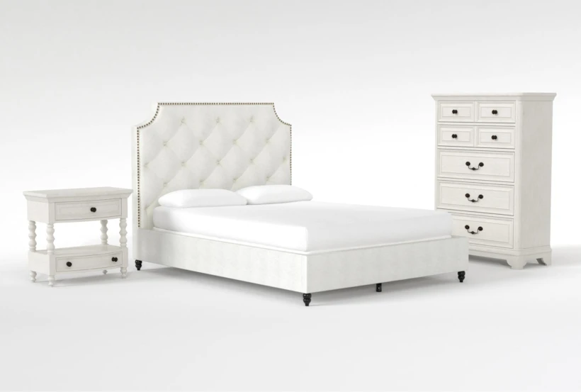 Sophia II 3 Piece King Upholstered Panel Bedroom Set With Kincaid Chest Of Drawers + Open Nightstand - 360