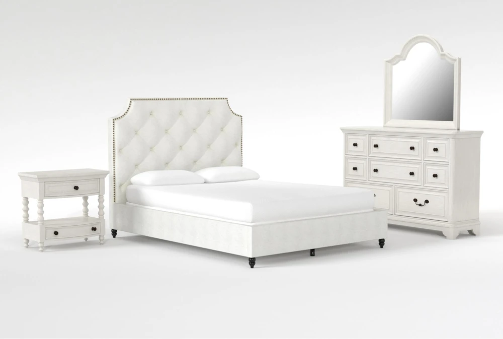 Sophia II King Upholstered Panel 4 Piece Bedroom Set With Kincaid Dresser, Mirror + Open Nightstand