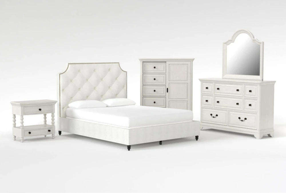 Sophia II 5 Piece King Upholstered Panel Bedroom Set With Kincaid Dresser, Mirror, Wardrobe + Open Nightstand