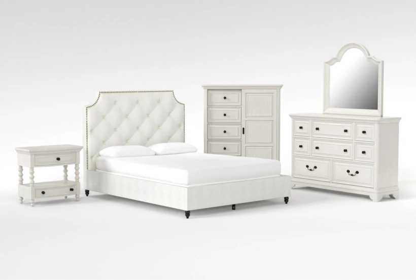 Sophia II 5 Piece King Upholstered Panel Bedroom Set With Kincaid Dresser, Mirror, Wardrobe + Open Nightstand - 360
