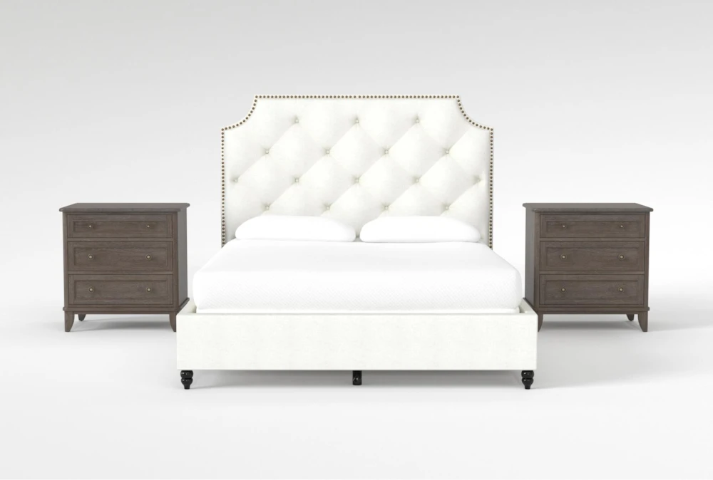 Sophia II Queen Upholstered Panel 3 Piece Bedroom Set With 2 Candice II 3-Drawer Nightstands