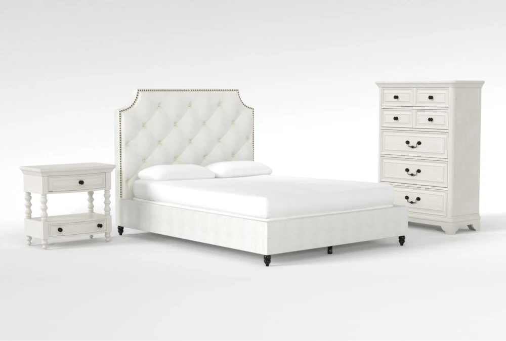 Sophia II 3 Piece Queen Upholstered Panel Bedroom Set With Kincaid Chest Of Drawers + Open Nightstand