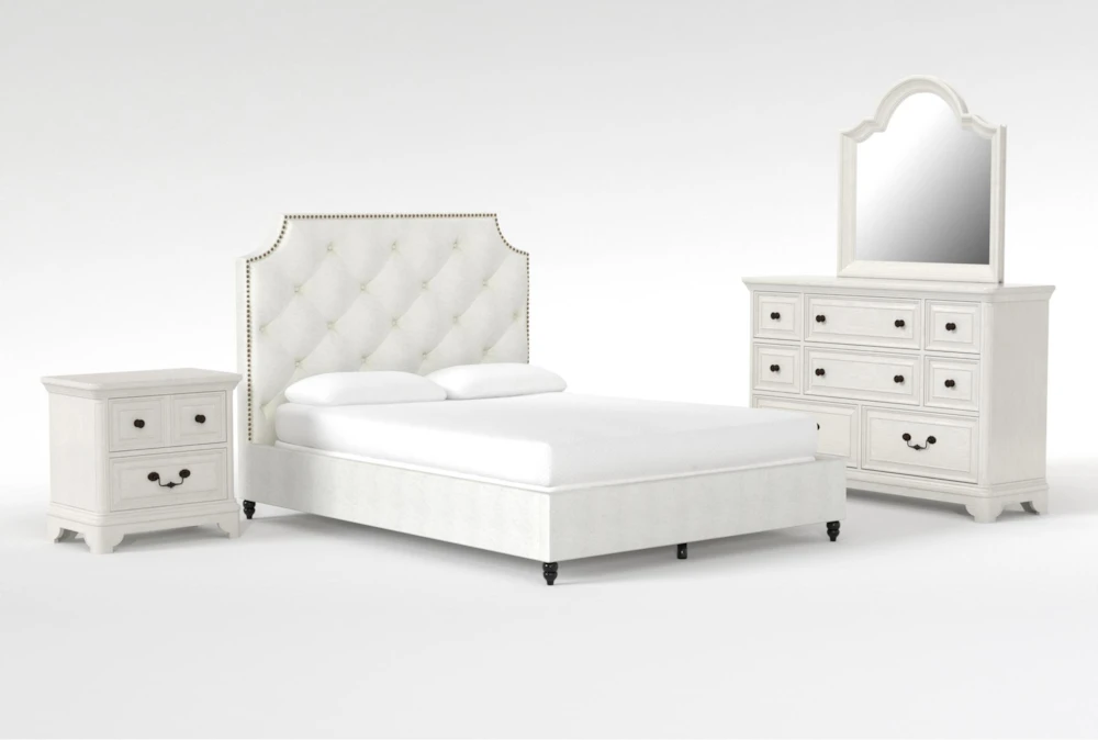 Sophia II 4 Piece Queen Upholstered Panel Bedroom Set With Kincaid Dresser, Mirror + 2-Drawer Nightstand