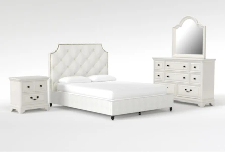 Sophia II Queen Upholstered Panel 4 Piece Bedroom Set With Kincaid Dresser, Mirror + 2-Drawer Nightstand