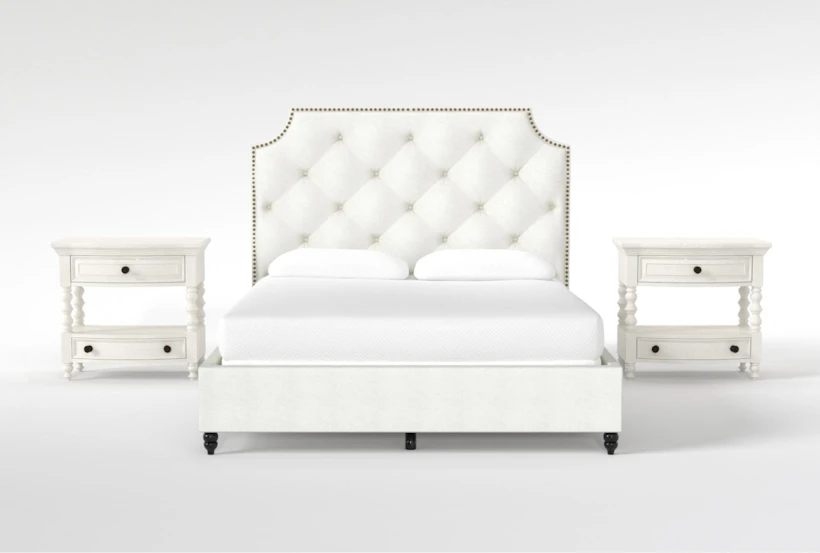 Sophia White II Queen Upholstered Panel 3 Piece Bedroom Set With 2 Kincaid White Open Nightstands - 360