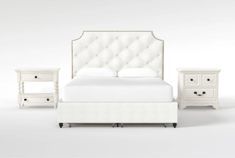 Sophia White II California King Upholstered Storage 3 Piece Bedroom Set With Kincaid White 2-Drawer Nightstand + Open Nightstand - 360