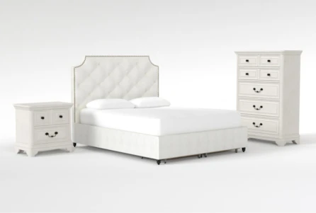 Sophia II California King Upholstered Storage 3 Piece Bedroom Set With Kincaid Chest Of Drawers + 2-Drawer Nightstand