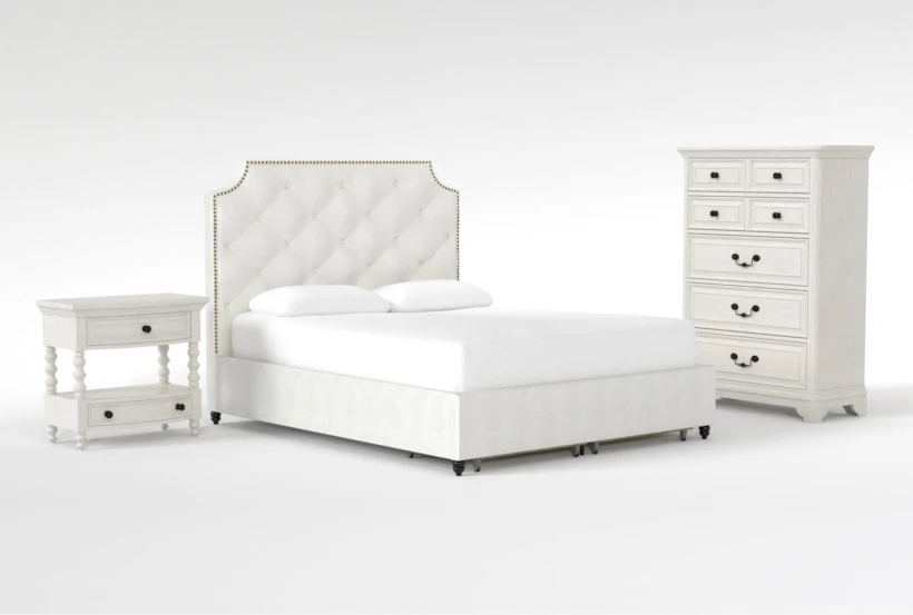 Sophia II California King Upholstered Storage 3 Piece Bedroom Set With Kincaid Chest Of Drawers + Open Nightstand - 360