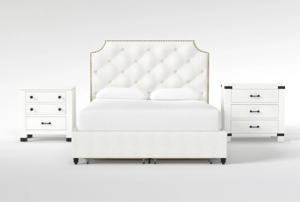 Sophia II 3 Piece California King Upholstered Storage Bedroom Set With Wade Bachelors Chest + Nightstand
