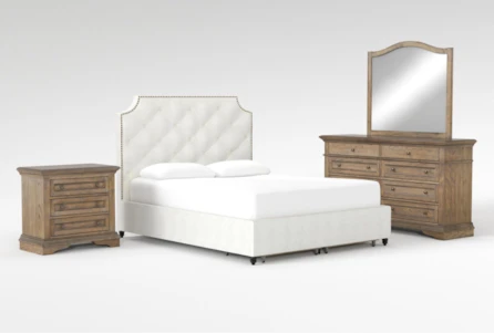 Sophia II 4 Piece King Upholstered Storage Bedroom Set With Chapman Dresser, Mirror + 3-Drawer Nightstand