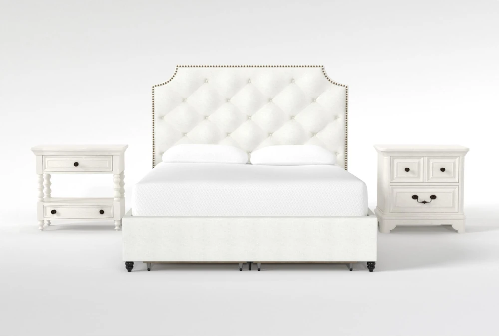 Sophia White II King Upholstered Storage 3 Piece Bedroom Set With Kincaid White 2-Drawer Nightstand + Open Nightstand