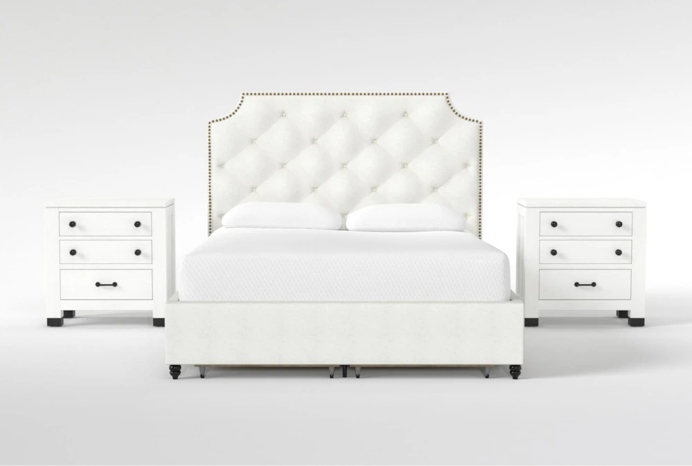 Sophia White II King Upholstered Storage 3 Piece Bedroom Set With 2 Wade White Nightstands