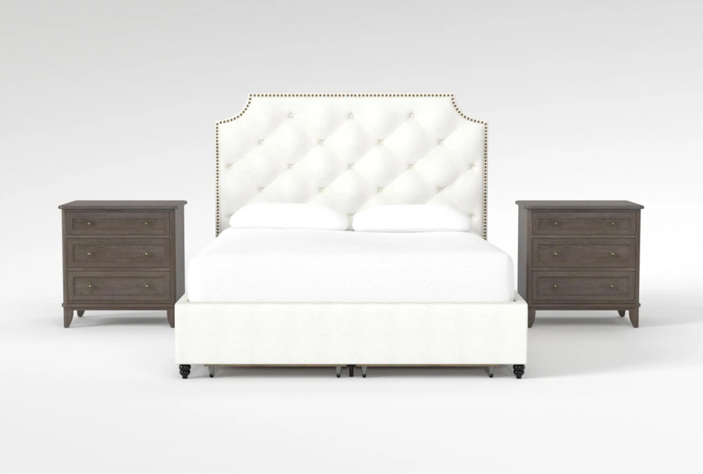 Sophia II Queen Upholstered Storage 3 Piece Bedroom Set With 2 Candice II 3-Drawer Nightstands