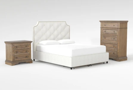 Sophia II 3 Piece Queen Upholstered Storage Bedroom Set With Chapman Chest Of Drawers + 3-Drawer Nightstand