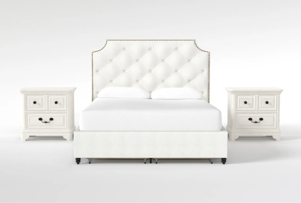 Sophia White II Queen Upholstered Storage 3 Piece Bedroom Set With 2 Kincaid White 2-Drawer Nightstands