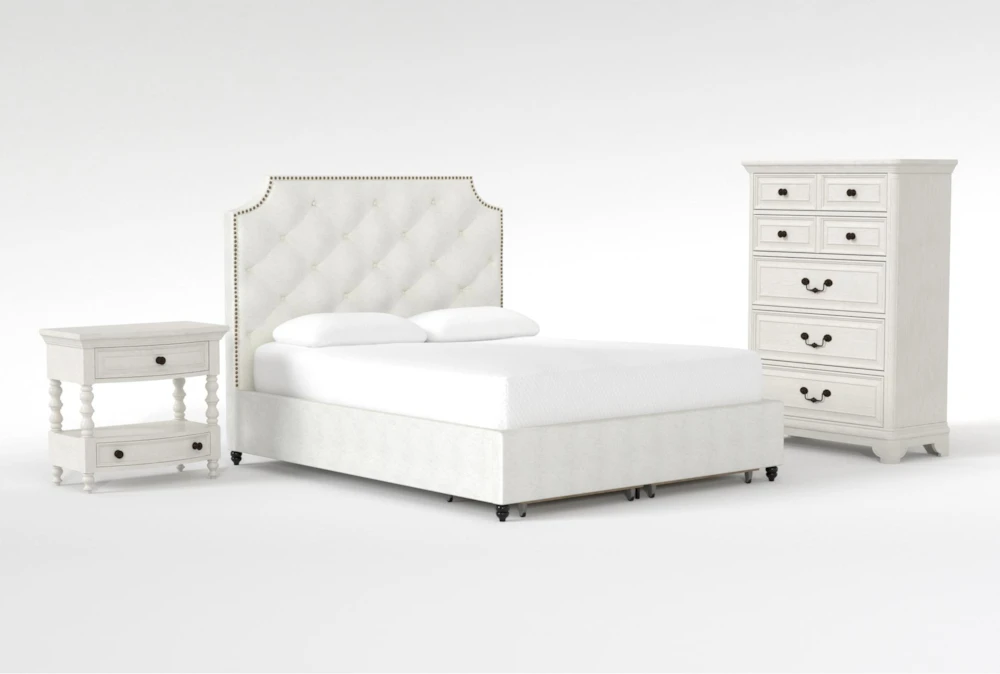 Sophia II 3 Piece Queen Upholstered Storage Bedroom Set With Kincaid Chest Of Drawers + Open Nightstand