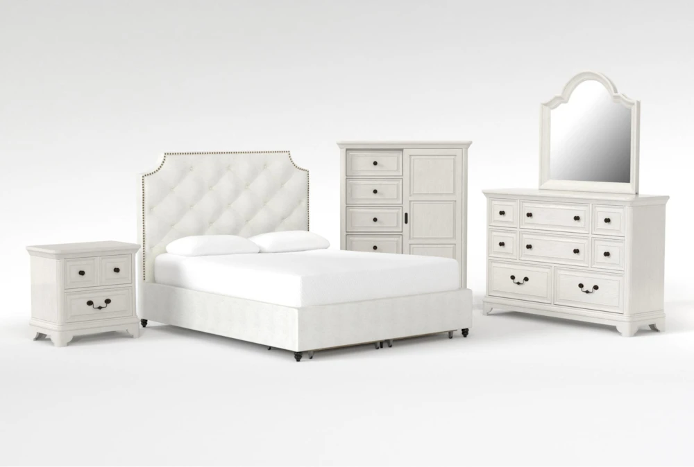 Sophia II 5 Piece Queen Upholstered Storage Bedroom Set With Kincaid Dresser, Mirror, Wardrobe + 2-Drawer Nightstand