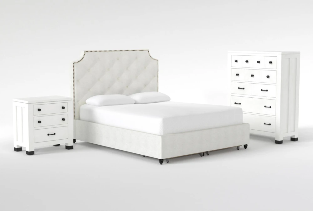 Sophia II 3 Piece Queen Upholstered Storage Bedroom Set With Wade Chest Of Drawers + Nightstand