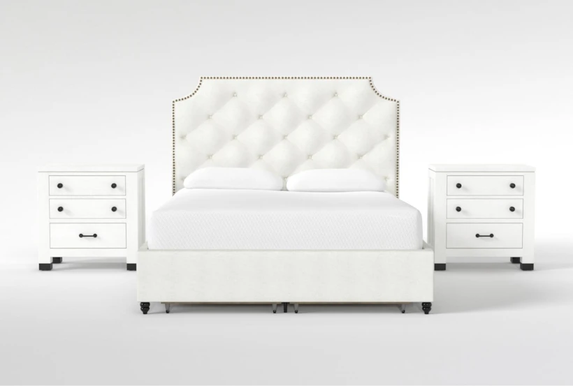 Sophia White II Queen Upholstered Storage 3 Piece Bedroom Set With 2 Wade White Nightstands - 360