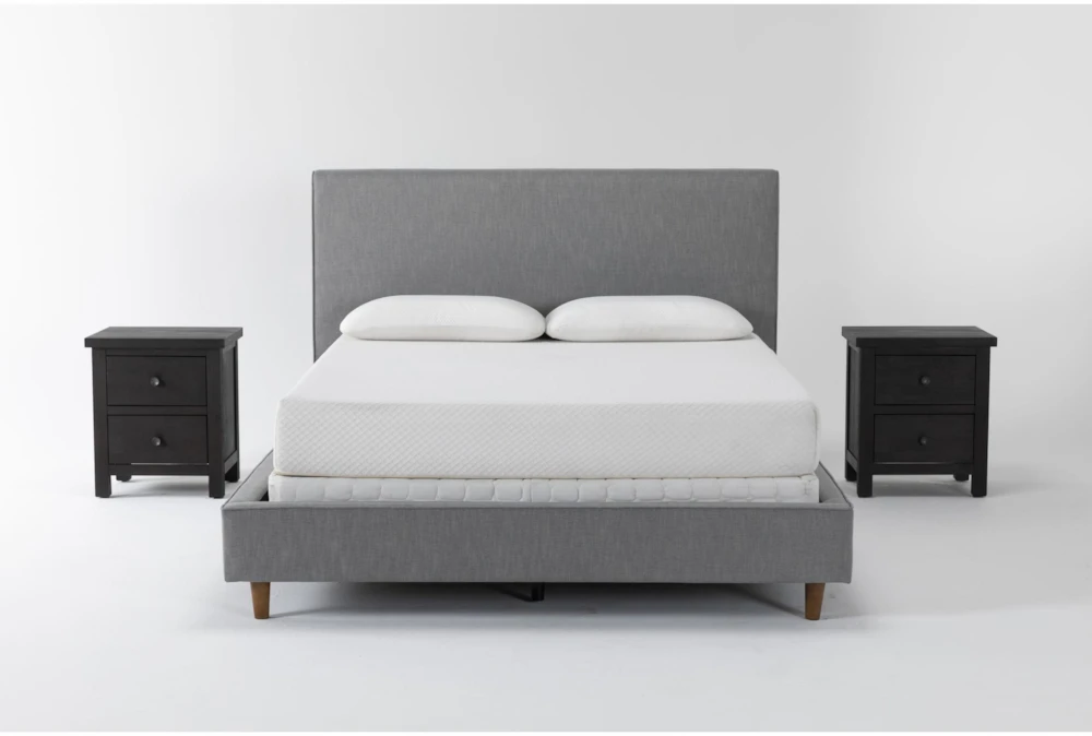 Dean Charcoal 3 Piece California King Upholstered Bedroom Set With 2 Larkin Espresso Nightstands