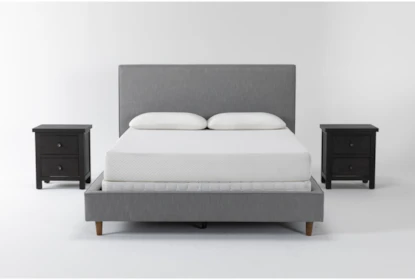 Dean Charcoal California King Upholstered 3 Piece Bedroom Set With 2 Larkin Espresso Nightstands