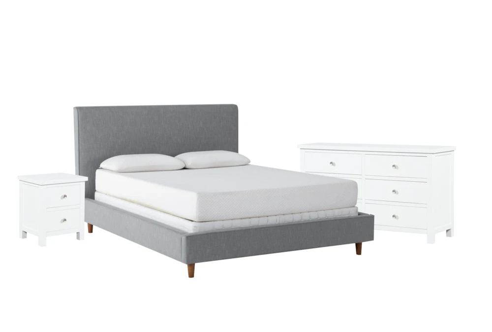 Dean Charcoal King Upholstered 3 Piece Bedroom Set With Larkin White Dresser + Nightstand