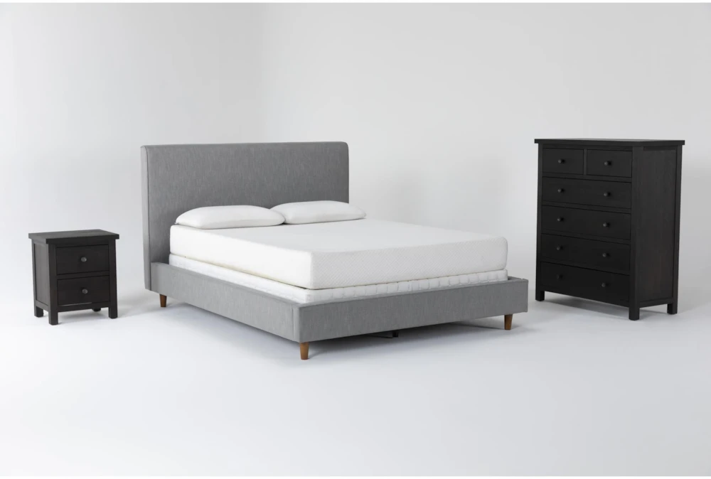 Dean Charcoal Queen Upholstered 3 Piece Bedroom Set With Larkin Espresso Chest Of Drawers + Nightstand