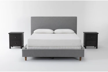 Dean Charcoal 3 Piece Queen Upholstered Bedroom Set With 2 Larkin Espresso Nightstands