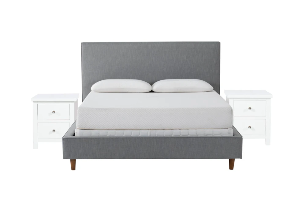 Dean Charcoal Queen Upholstered 3 Piece Bedroom Set With 2 Larkin White Nightstands