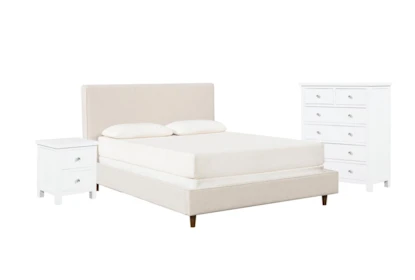 Dean Sand California King Upholstered 3 Piece Bedroom Set With Larkin White Chest Of Drawers + Nightstand