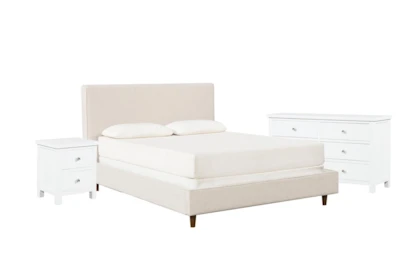Dean Sand California King Upholstered 3 Piece Bedroom Set With Larkin White Dresser + Nightstand
