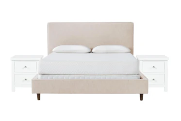 Dean Sand 3 Piece California King Upholstered Bedroom Set With 2 Larkin White Nightstands