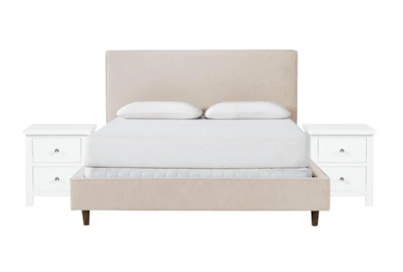 Dean Sand 3 Piece California King Upholstered Bedroom Set With 2 Larkin White Nightstands