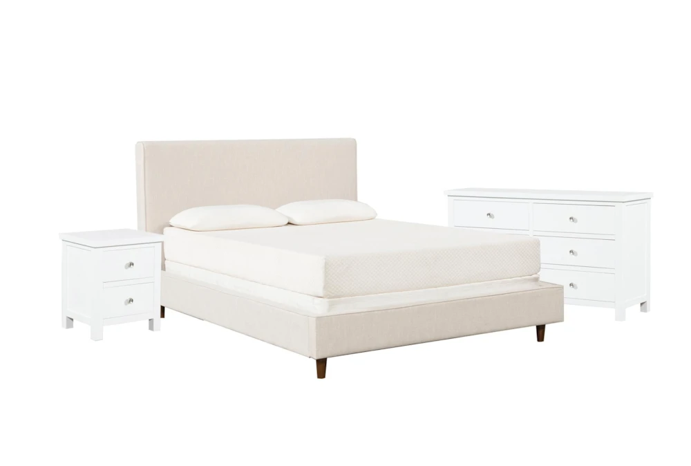 Dean Sand King Upholstered 3 Piece Bedroom Set With Larkin White Dresser + Nightstand