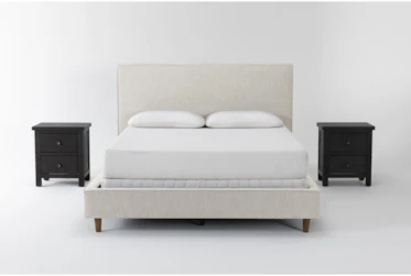 Dean Sand 3 Piece Queen Upholstered Bedroom Set With 2 Larkin Espresso Nightstands