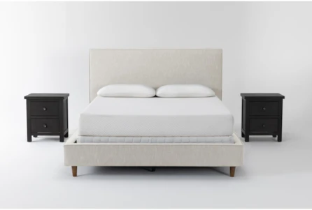 Dean Sand Queen Upholstered 3 Piece Bedroom Set With 2 Larkin Espresso Nightstands