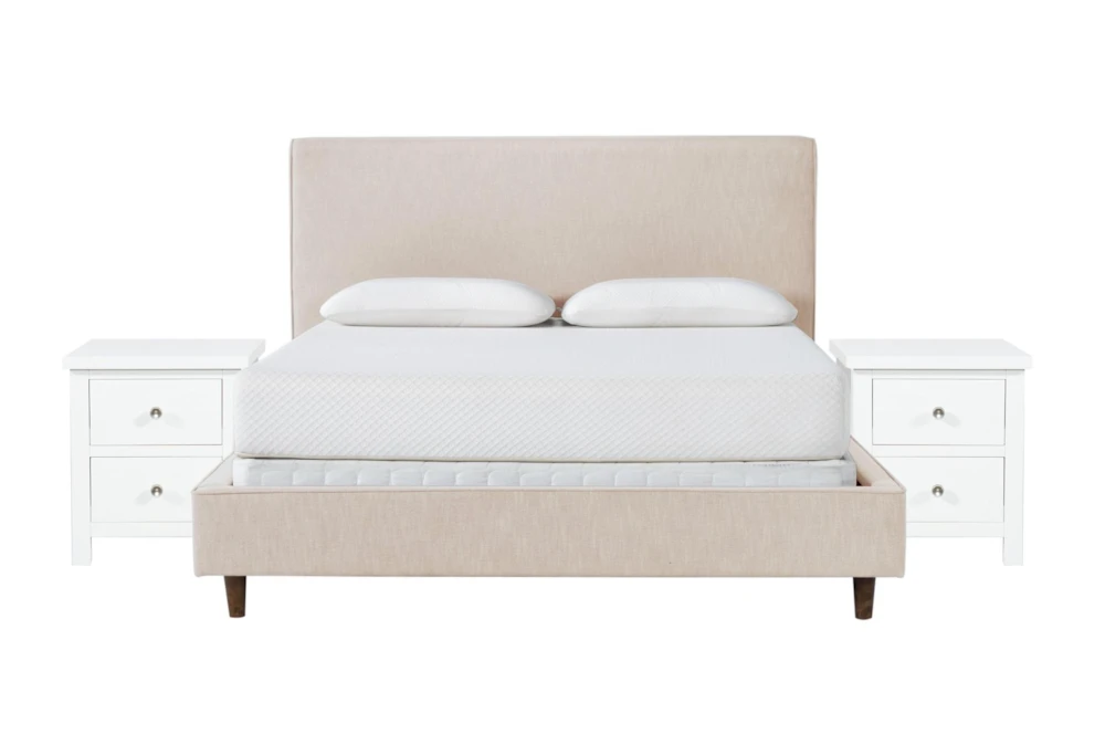 Dean Sand 3 Piece Queen Upholstered Bedroom Set With 2 Larkin White Nightstands