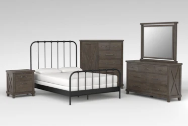 Knox 5 Piece Eastern King Metal Bedroom Set With Jaxon Grey Dresser, Mirror, Wardrobe + Nightstand