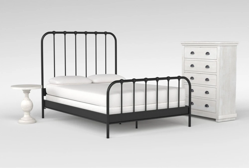 Knox King Metal 3 Piece Bedroom Set With Sinclair Pebble Chest Of Drawers + Bedside Table