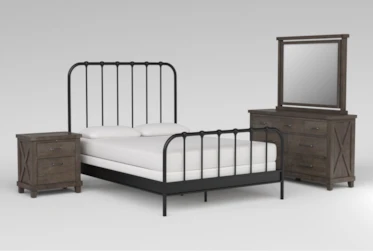 Knox 4 Piece Queen Metal Bedroom Set With Jaxon Grey Dresser, Mirror + Nightstand
