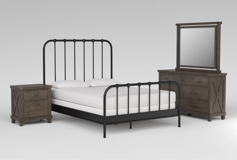 Knox California King Metal 4 Piece Bedroom Set With Jaxon Grey Dresser, Mirror + Nightstand